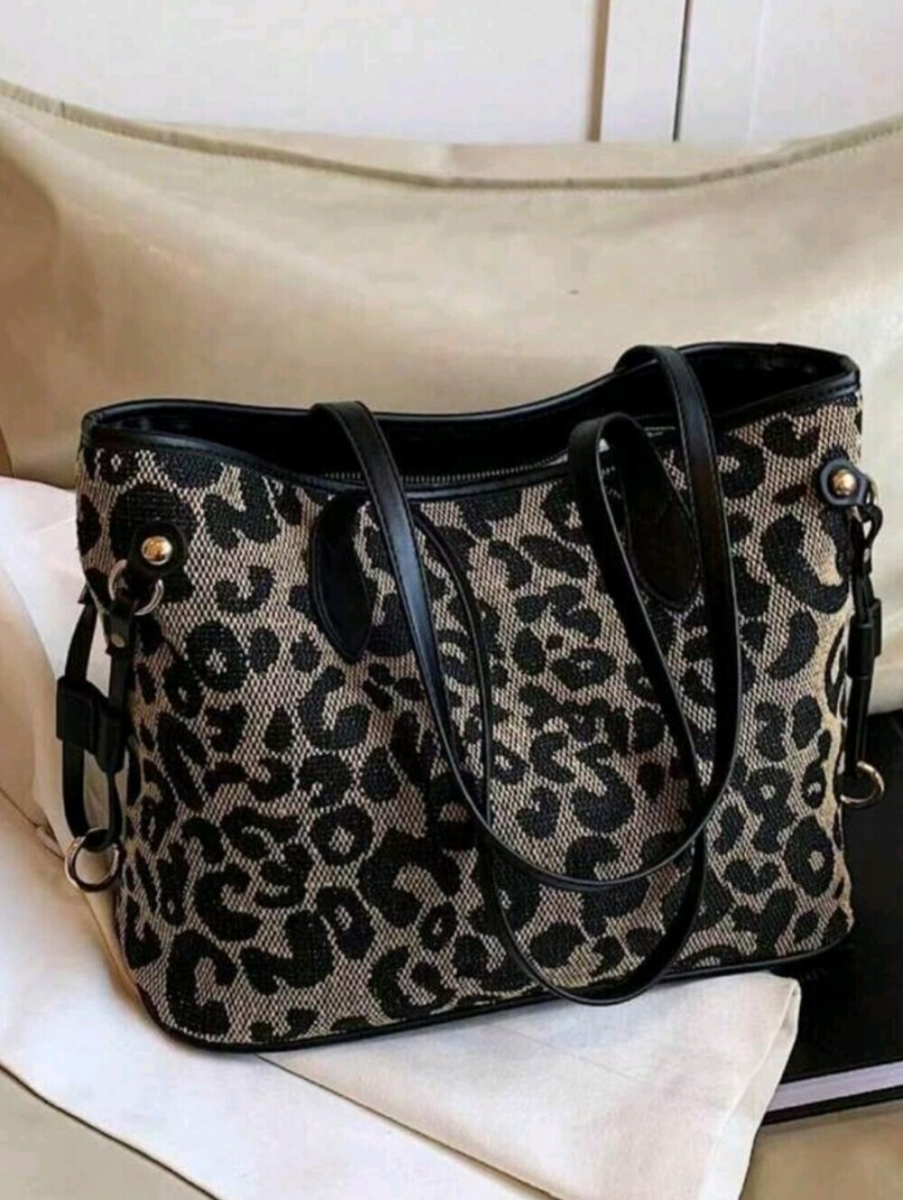 Leopard-Print Tote Bag with Black Trim - Women Bags